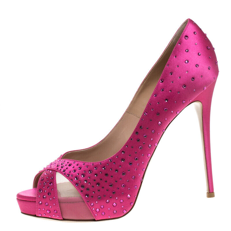 Valentino Pink Crystal Embellished Satin Peep Toe Platform Valentino Pink Crystal Embellished Satin Peep Toe Platform