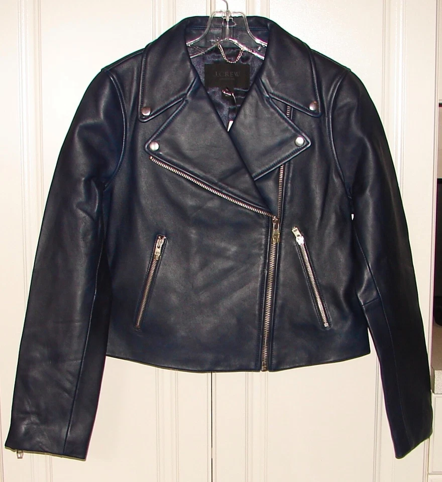 NWT J Crew Collection size 10 navy blue leather cropped moto jacket #E1781 - Image 2 of 4