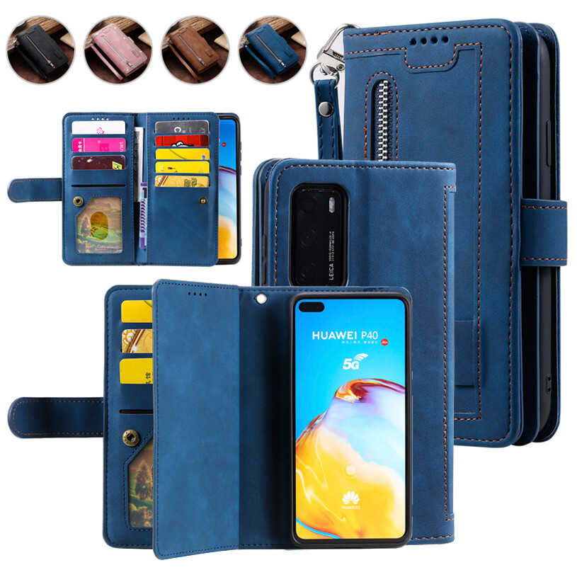 Zip Wallet Case Multi Card Leather Flip Cover for Huawei P20/P30/P40 Lite  Pro