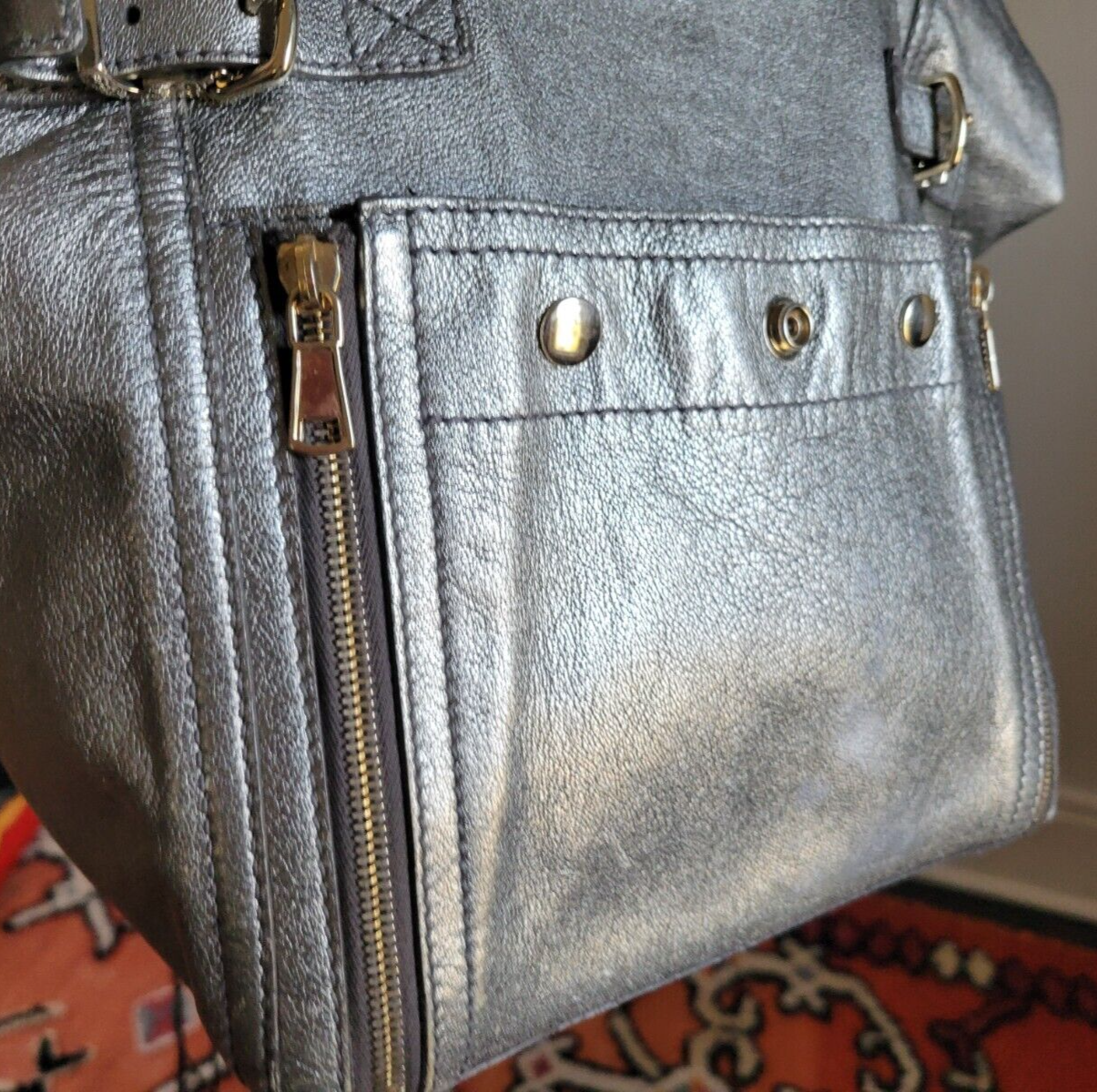 AUTENTICA BORSA YVES SAINT LAURENT Rive Gauche ARGENTO METALLIZZATO VERA PELLE