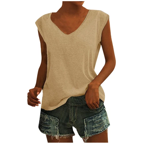 Women's V-Neck T-Shirt Casual Cap Sleeve Vest Solid Loose Blouse Fit Tank Tops - Picture 26 of 42