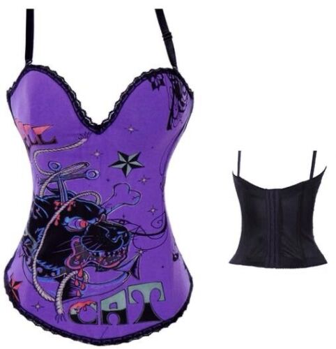 Purple Goth Steam Punk Rock Tattoo No Bone Fashion Hook Corset Sexy Hell Cat XL - Picture 1 of 2