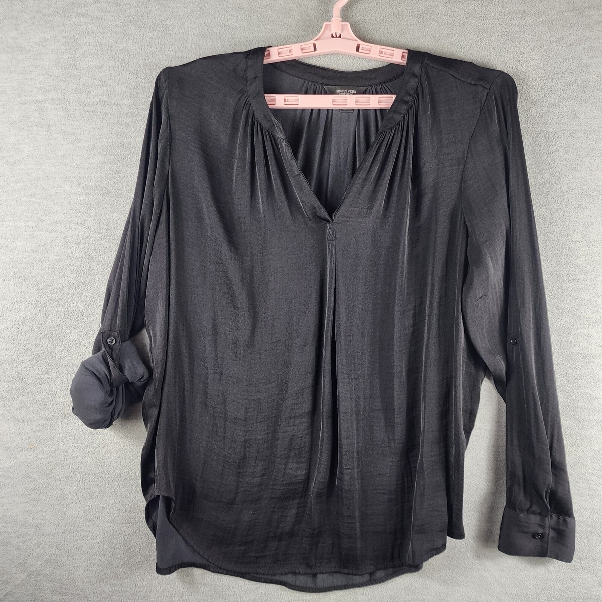 Simply Vera Vera Wang Womens Solid Popover Blouse Top XL Black V-Neck Soft  Light