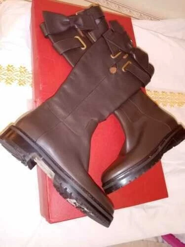 STIVALI VALENTINO GARAVANNI FIOCCO PELLE MARRONE UK TAGLIA 4 NUOVI BOX MADE IN ITALY