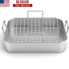 Stainless Steel Roasting Pan Heavy Duty Non Toxic V Rack Turkey Chicken New