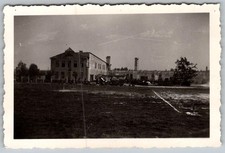 Vtg B&W Snapshot Group Gathered Outside Large Brick Industrial Factory 1940s
