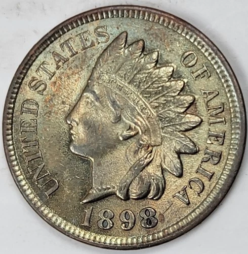 1898 Indian Head BRONZE Penny, Unc. - Toned - Four Diamonds - Full Liberty