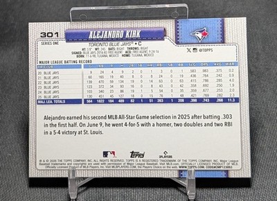 Alejandro Kirk 2026 Topps Series 1 Baseball Card #301 Toronto Blue