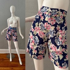 Vintage 80s Blue Floral High Waist Rayon Pleated Shorts XS