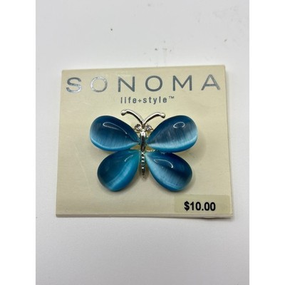 Sonoma Life + Style Blue Butterfly Brooch Silver Tone Cat Eye Cabochon Pin NEW