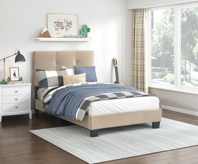 1pc Twin Platform Bed Light Brown Velvet Upholstered Adjustable Height Headboa