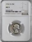1932-D 25C WASHINGTON SILVER QUARTER  "DENVER MINT"  NGC AG3  #8405239-009