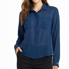 FARM Rio Navy Blue Sheer Button Up Blouse Shirt Womens Medium Long Sleeve Pocket