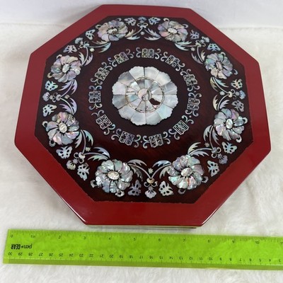  Vtg. Mother Of Pearl Octagon Burgundy Laquer Box W/Trays Floral READ