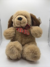 Plush Brown Puppy Dog Stuffed Animal with Red Plaid Bow Soft Cuddly Toy