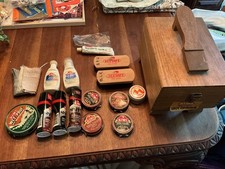 Vintage Kiwi Shoe Shine Kit Wooden Box Filled with Contents - Brushes Polish Lot