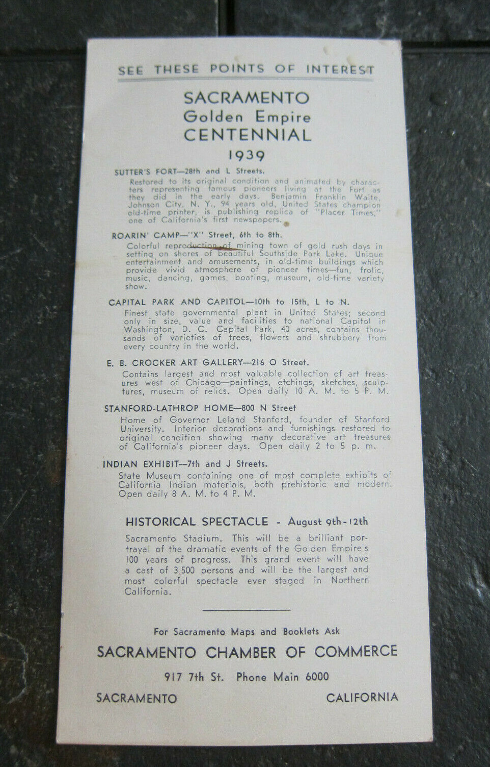 1939 Sacramento California Golden Empire Centennial Sutters Fort Info Card 