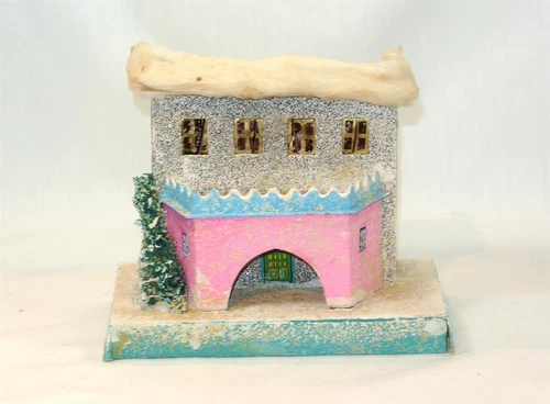 Vintage CHRISTMAS VILLAGE Putz Pink House Mica Brush Tree 6 5/8 inches