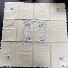 VTG Embroidered Cotton Table Cloth 32 Square Blue Floral