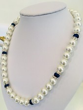 Bridal Ivry Glass Pearl & Blue Crystals Necklace, Silver Tone Claw Clasp.