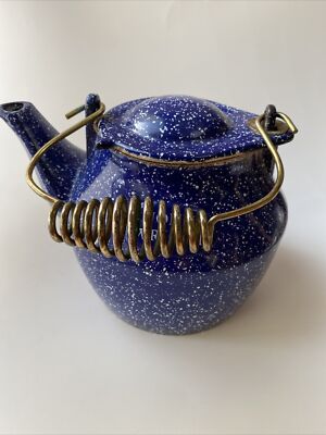 Vintage JOHN WRIGHT Blue Speckled Cast Iron Kettle Teapot w