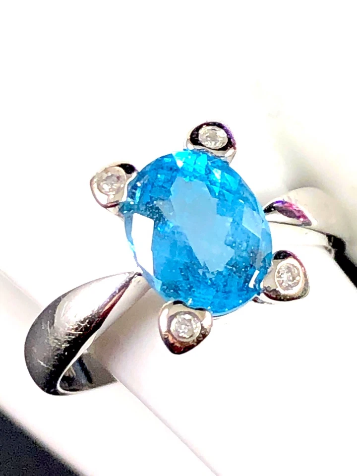 ANILLO EFFY BH ORO BLANCO MACIZO 14K 2 QUILATES OVALADO TOPACIO AZUL DIAMANTE TALLA 7 Foto 2 de 4