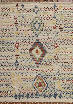 Modern Handmade Luxury Hand-Knotted Moroccan Wool Ivory Rugs 5x8 ft