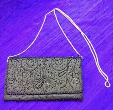 VINTAGE La Regale Black Silk Glass Hand Beaded Clutch Evening Bag Purse I