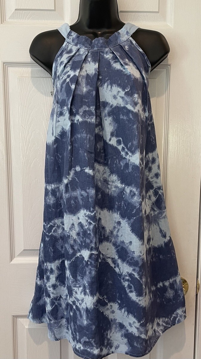 Bellambra Italy Dress Linen Blue Halter Tie Neck Casual Resort