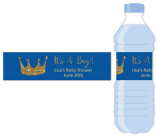 Gold Glitter Crown Blue - Personalized Water Bottle Baby Shower Labels Set of 5