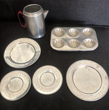 Vintage 6 Pc Miniature Metal Kitchen Tea Cup Plates Pan Play Cookware Lot