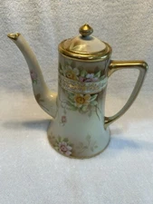 Small Antique Nippon Coffee Pot Hand Painted Floral Gilt Trim Maple Leaf 2 Cup