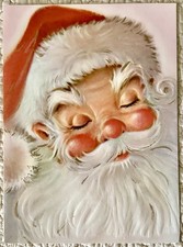 Unused Christmas Santa Face Eyes Closed Sleep Pink Large Vtg Greeting Card 1960s