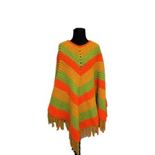 Vtg Poncho Crochet Striped Festival Hippie Fringe 70s 60s Green Orange Yellow