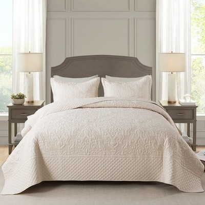 NEWLAKE Quilt Bedspread Set, Beige Jacquard Embossed Floral Pattern Reversible E