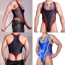Men's Wrestling Singlet Sheer Mesh Patchwork Press Button Crotch Leotard Sports