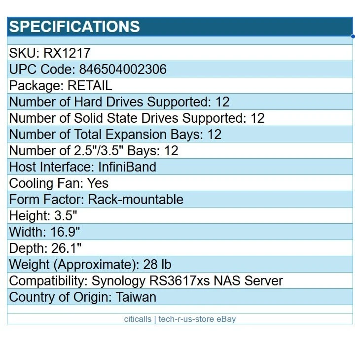 Synology RX1217 12 Bay Drive Enclosure Infinibad Host Intf Rack for RS3617xs NAS - Image 4 of 4