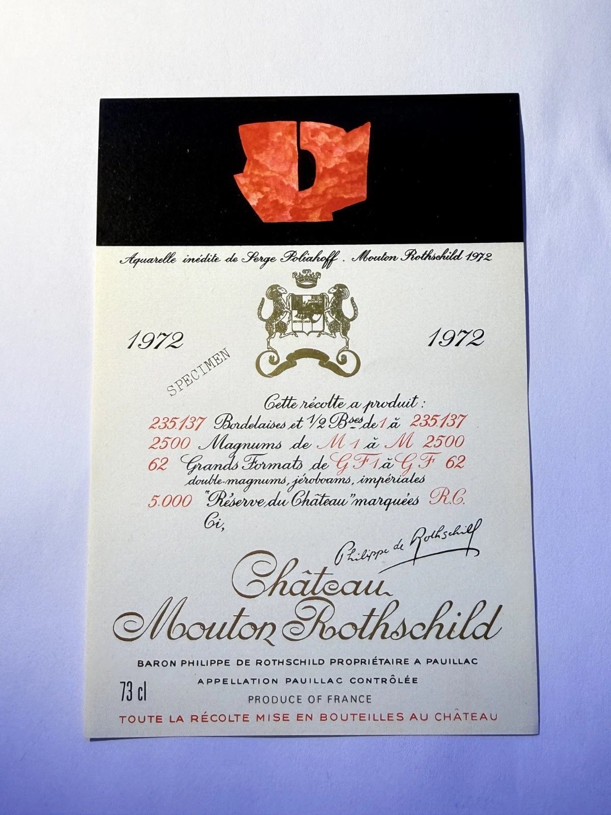 Étiquette De Vin Château Mouton Rotschild Spécimen 1972