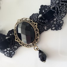 Black Lace Choker with Faceted Jet-Black Oval  Drop   Gothic Victorian Style
