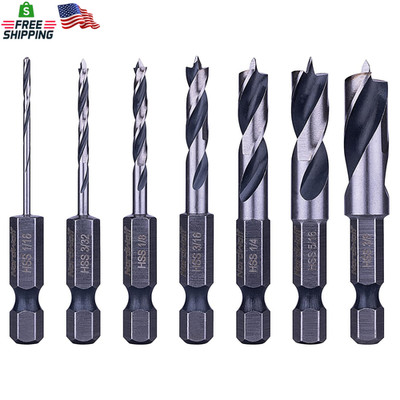 Nordwolf 7-Piece HSS Brad Point Stubby Wood Drill Bit Set with 1/4'' Hex Shank fo