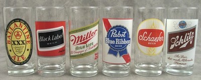 Vtg 1960s BEER GLASS SET 6 Pabst Miller Schlitz Ballantine Black Label Schaefer