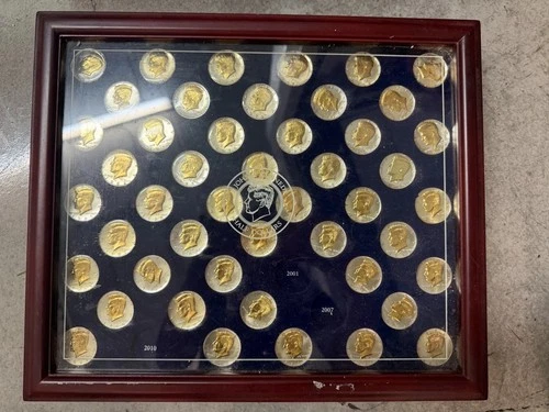 Danbury Mint JFK Half Dollar Wood Display Case + 47 Gold & Silver Kennedy Coins