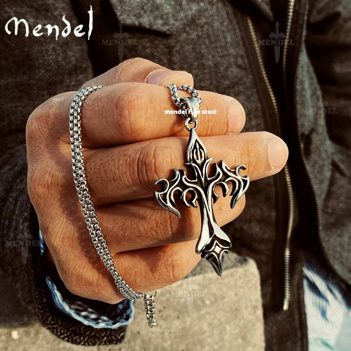 MENDEL Cool Boys Mens Stainless Steel Cross Pendant Necklace For Men Women  Chain