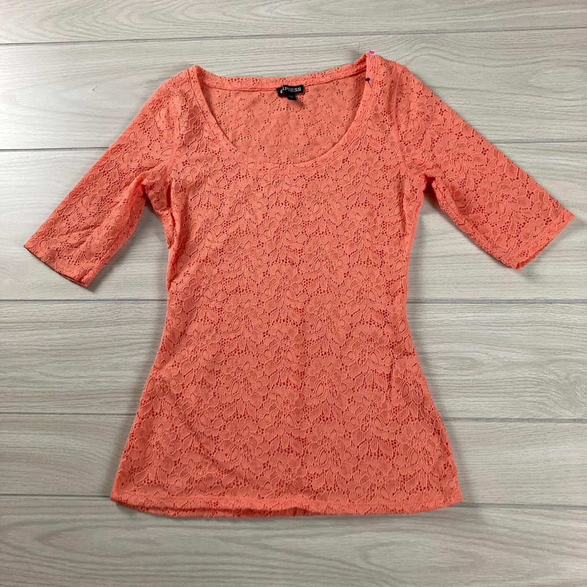 Express Sz Small Top Orange Lace Sheer Lightweight 3/4 Sleeve