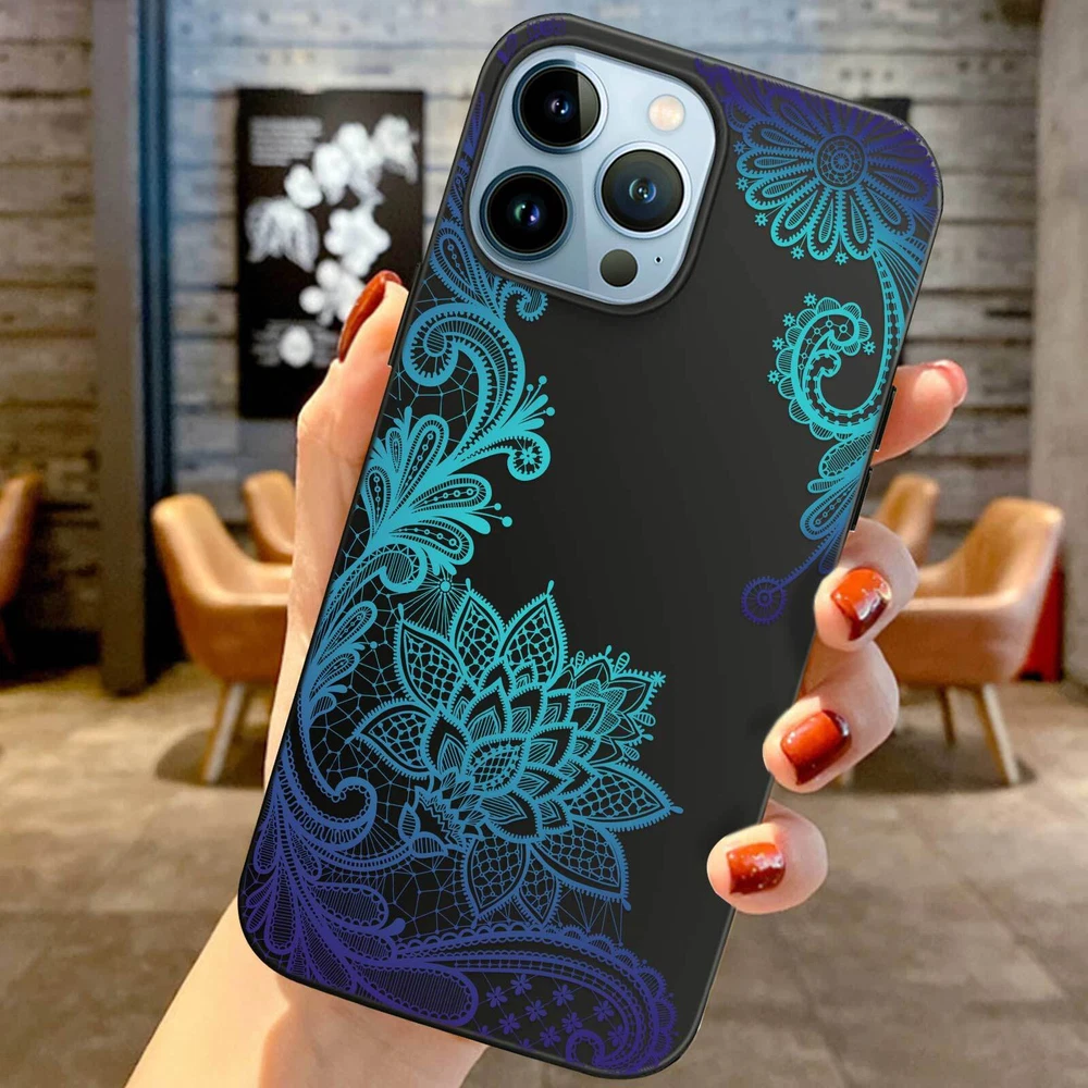 Phone Case For Apple iPhone 14 Pro Max 13 12 15 Flower Lace Protective TPU Cover