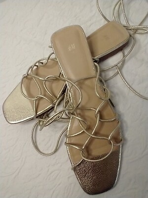 H&M Gold Strappy Flat Sandals with long Ankle Laces Size 42
