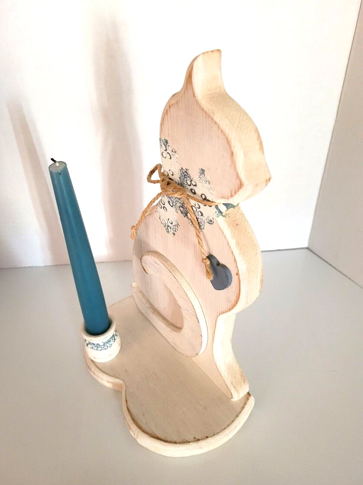 Aplique de Pared o Candelabro Independiente, Forma de Gato, Madera, Blanco y Azul Foto 2 de 4