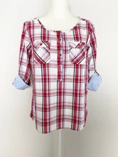 Venus Womens Button Down Shirt Blouse Size 2 Red Blue Plaid 3/4 Roll Tab Sleeves