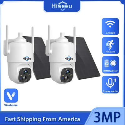 Hiseeu Solar Battery Wifi Wireless Install PTZ Security Camera System Pan/Tilt