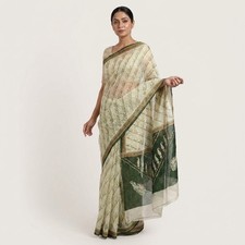 Sanskriti Vintage Saree Off-White-Green Pure Cotton Printed Sari 5.5 Yard Fabric